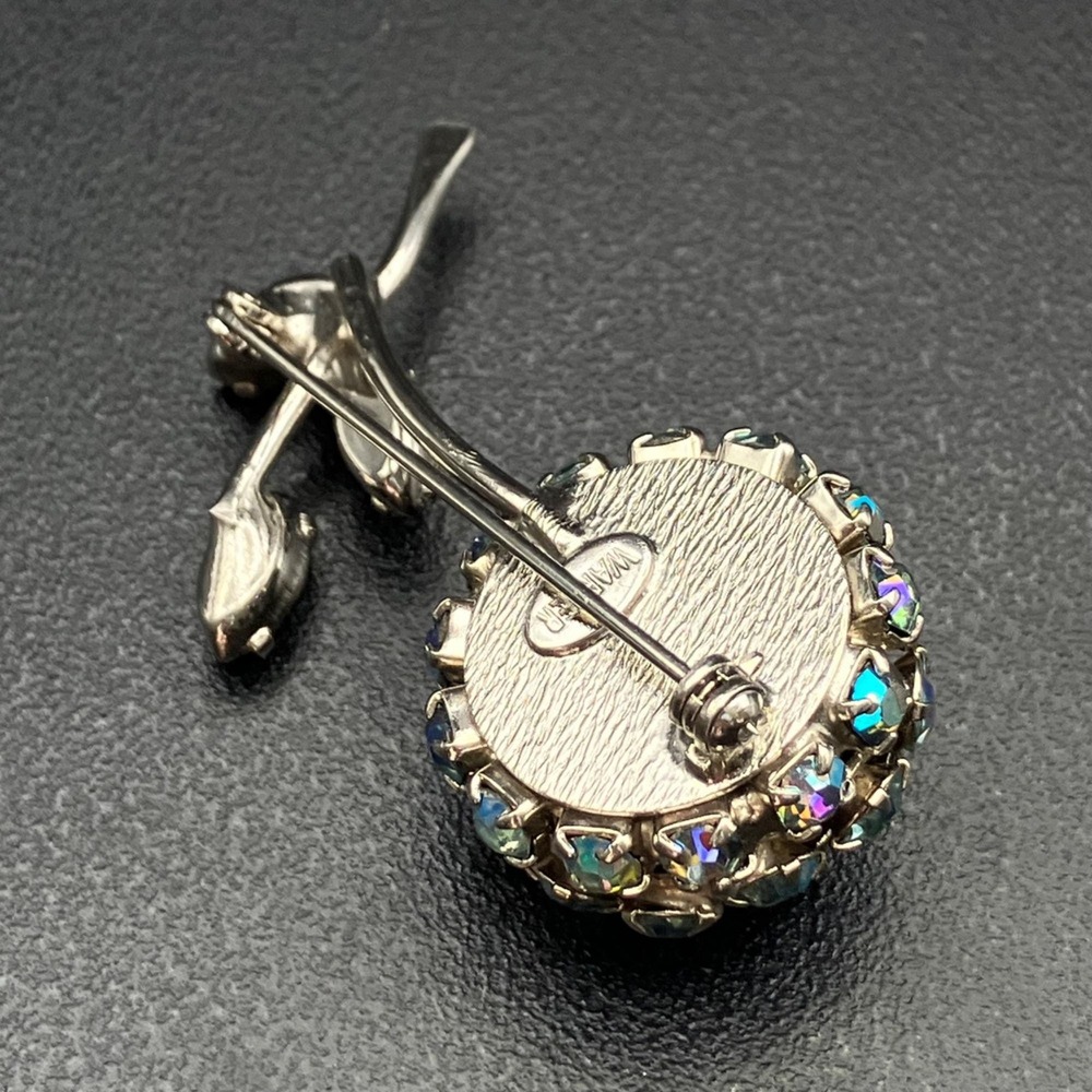 Vintage Warner Rhinestone Flower Brooch Blue AB Iridescent Domed Floral Pin 2" - Picture 10 of 11